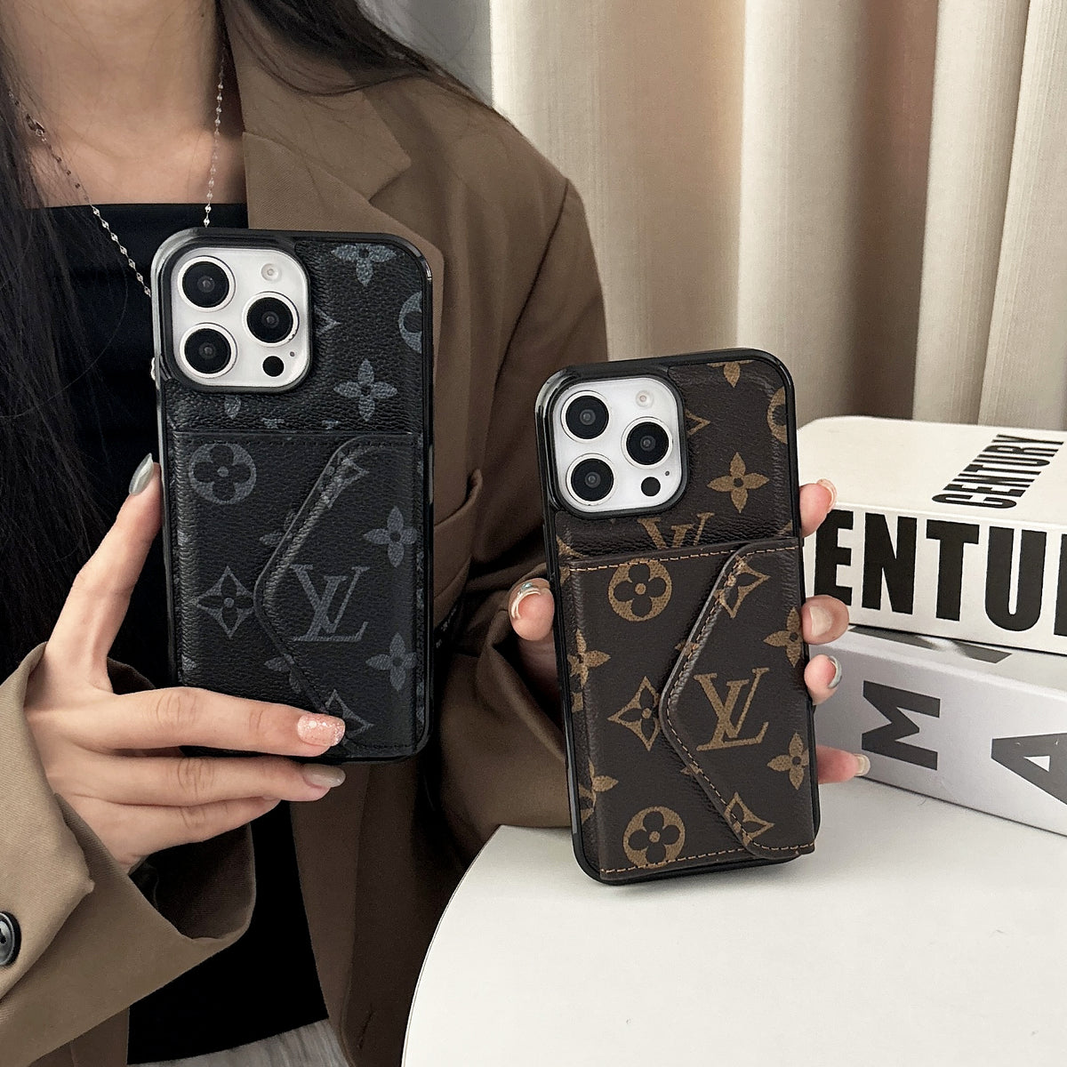 LeatherMonogram Phone Case With Card Holder For iPhone Black-BMKQ241757