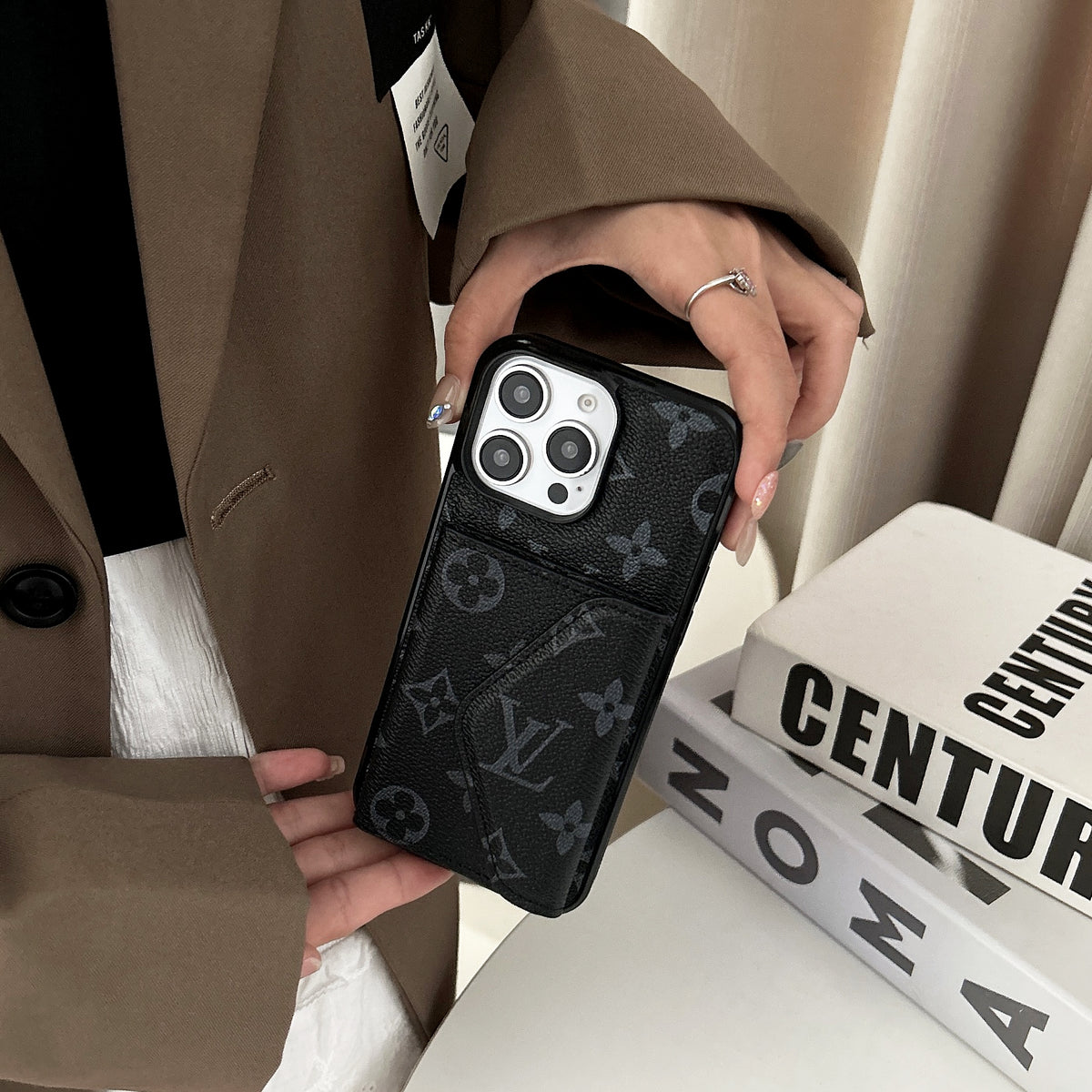 LeatherMonogram Phone Case With Card Holder For iPhone Black-BMKQ241757