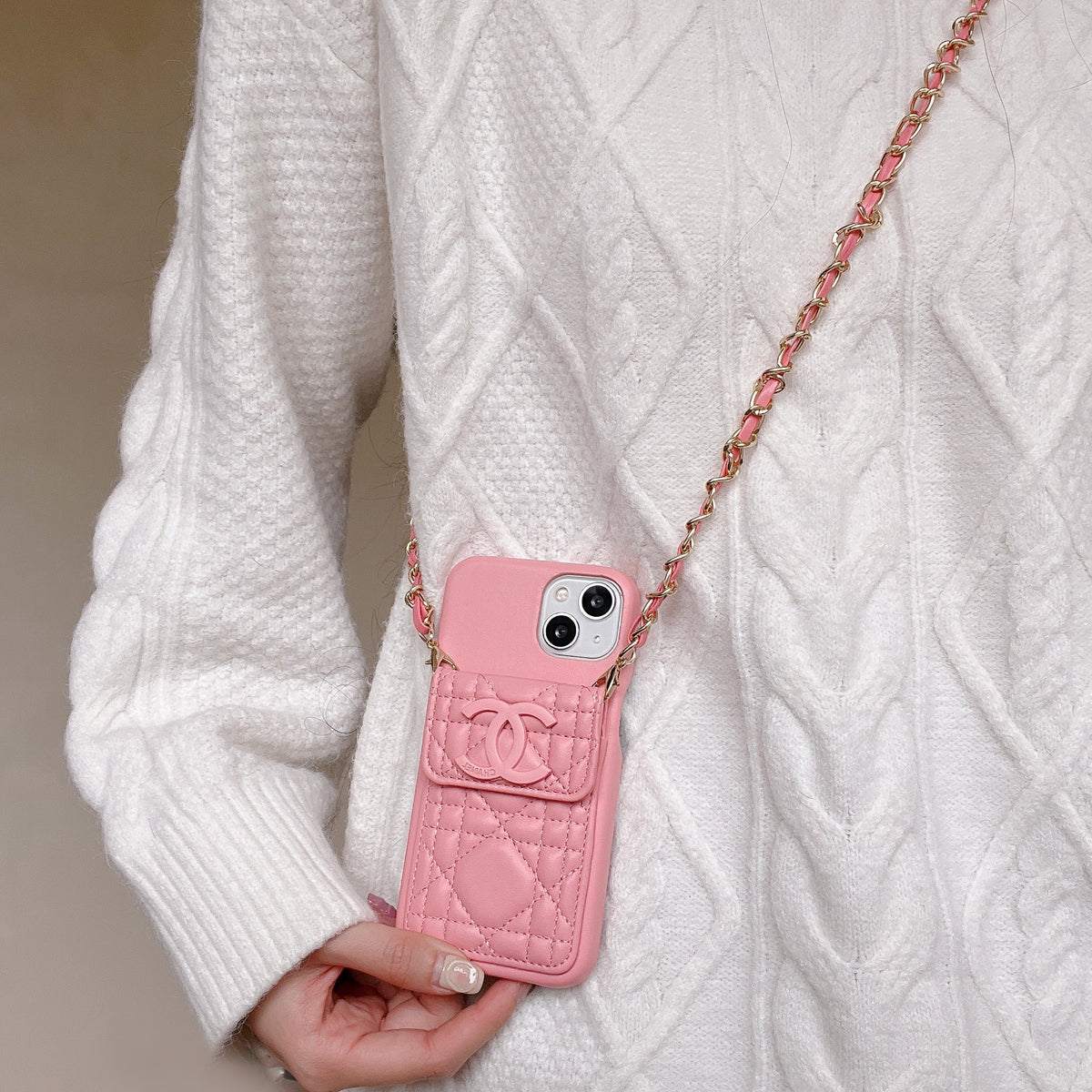 Leather CC Phone Case With Wallet And Strap For iPhone Pink -QBK251805
