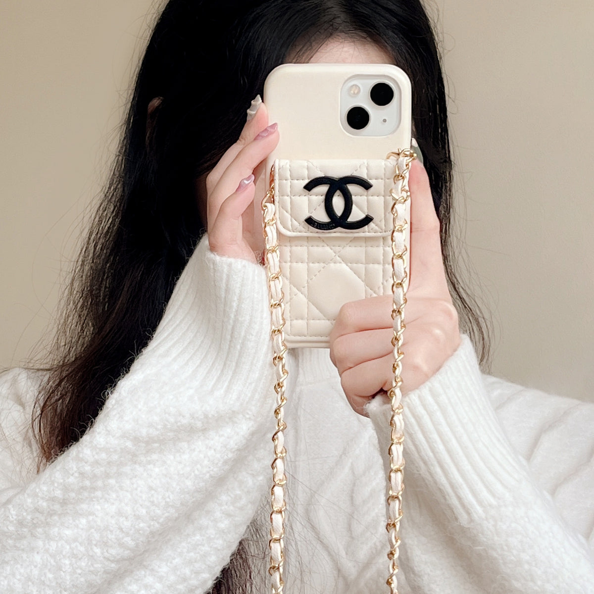 Leather CC Phone Case With Wallet And Strap For iPhone White -QBK251805