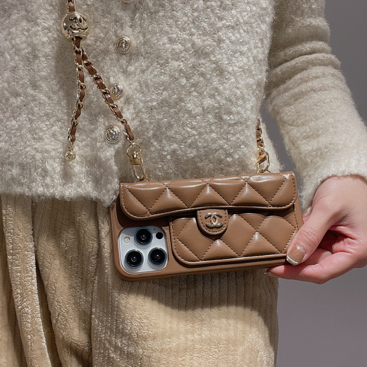 Leather CC Phone Case With Card Holder And Strap For iPhone Brown-LPK251641