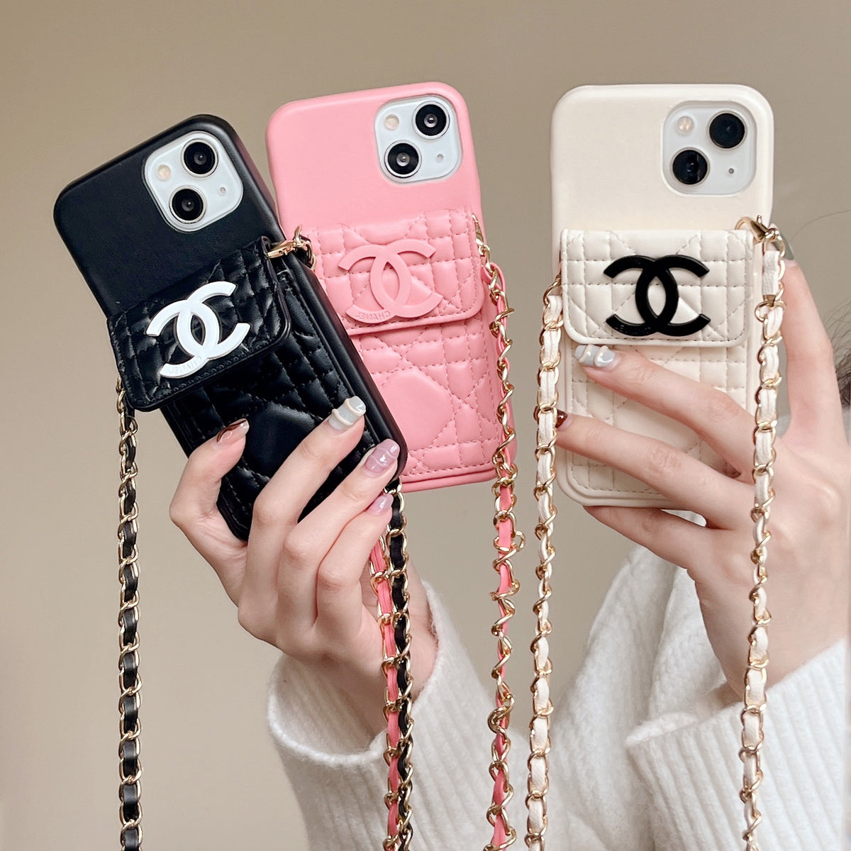 Leather CC Phone Case With Wallet And Strap For iPhone Pink -QBK251805