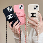 Leather CC Phone Case With Wallet And Strap For iPhone Pink -QBK251805