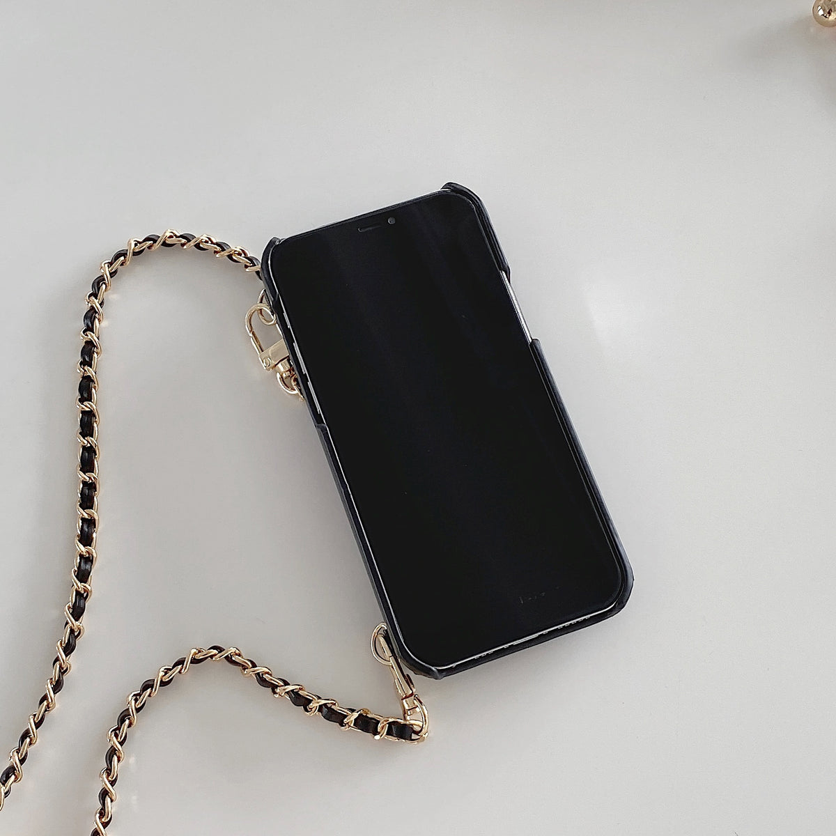 Luxury CC Phone Case With Card Holder And Strap For iPhone Black -JDK251705
